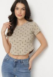 Ciemnobeżowy Bawełniany T-shirt z Brokatem Olinithra. Brązowe t-shirty damskie Born2be, m, z aplikacjami, z bawełny, glamour, bez kołnierzyka, bez ramiączek. Za 34.99 zł.