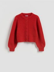 Kardigan z bufiastymi rękawami - czerwony. Czerwone kardigany damskie Reserved, l, bez wzorów, z dzianiny, bez kołnierzyka. Za 139.99 zł.