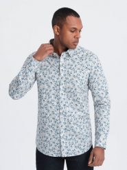 Koszula męska SLIM FIT w print gałązek - niebiesko-szara V2 OM-SHPS-0163 - XL. Szare koszule męskie Ombre Clothing, l, bez wzorów, z bawełny, bez kołnierzyka, bez ramiączek. W wyprzedaży za 69.99 zł.
