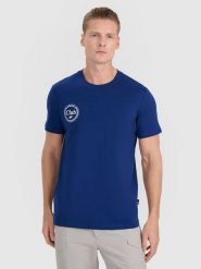4F T-shirt regular z nadrukiem męski - granatowy XXL. Niebieskie koszulki sportowe męskie 4F, m, bez wzorów, z bawełny, bez ramiączek. Za 49.99 zł.