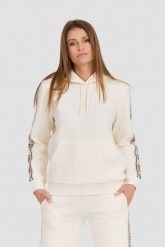 GUESS Beżowa damska bluza Carla Hooded. Brązowe bluzy damskie Guess, s, z aplikacjami, z bawełny, bez ramiączek, bez kaptura. W wyprzedaży za 322.99 zł.