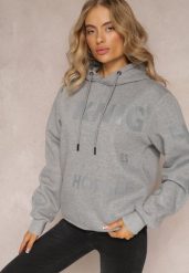 Szara Bluza z Kapturem i Ozdobnym Nadrukiem Lecu. Szare bluzy damskie Renee, l, bez wzorów, z polaru, eleganckie, bez ramiączek, z kapturem. Za 59.99 zł.
