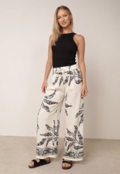 Kremowo-Czarne Spodnie Wiskozowe Szerokie z Florystycznym Motywem Casual Nelinore. Brązowe spodnie materiałowe damskie Born2be, bez wzorów, z jeansu, casualowe. Za 49.99 zł.