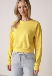 Żółta Bluza z Dodatkiem Bawełny Wykończona Ściągaczami Evilaya. Żółte bluzy damskie Born2be, l, bez wzorów, z bawełny, casualowe, bez ramiączek, bez kaptura. Za 39.99 zł.