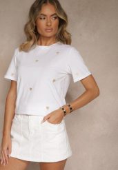 Biało-Beżowy Bawełniany T-shirt z Motywem Serc Aramiraa. Białe t-shirty damskie Renee, l, bez wzorów, z bawełny, bez kołnierzyka, bez ramiączek. Za 44.99 zł.
