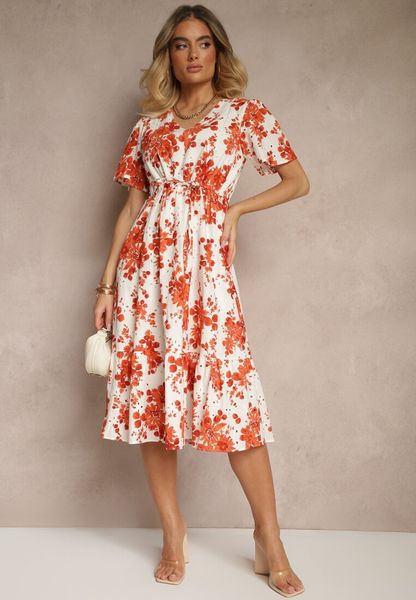 Pomarańczowa Bawełniana Sukienka Rozkloszowana Ażurowa w Kwiatowy Print Velbia. Brązowe sukienki damskie Renee, na co dzień, na lato, l, w ażurowe wzory, z bawełny, eleganckie, bez kołnierzyka, bez ramiączek, midi, proste. Za 129.99 zł.