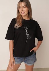 Czarny T-shirt z Wiskozy z Perełkami i Kwiatami 3D Rossalie. Czarne t-shirty damskie Born2be, l, bez wzorów, z jeansu, bez kołnierzyka, bez ramiączek. Za 79.99 zł.