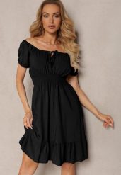 Czarna Sukienka z Wiskozy z Gumkami w Talii i Dekoltem ze Ściągaczem Tiimazela. Czarne sukienki damskie Renee, na co dzień, l, bez wzorów, z wiskozy, eleganckie, bez kołnierzyka, bez ramiączek, mini, kopertowe. Za 44.99 zł.