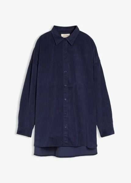 Koszula sztruksowa oversize. Niebieskie koszule damskie bonprix, bez wzorów, z bawełny, bez kołnierzyka, bez ramiączek. Za 99.99 zł.