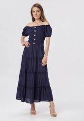 Granatowa Sukienka z Wiskozy o Kroju Hiszpanki Ciririla. Niebieskie sukienki damskie Born2be, na co dzień, na lato, l, bez wzorów, z tkaniny, eleganckie, bez kołnierzyka, bez ramiączek, maxi, kopertowe. Za 84.99 zł.