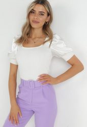 Biała Bluzka z Prążkowanej Dzianiny z Bufiastymi Rękawami Maffa. Białe bluzki damskie Born2be, bez wzorów, z dzianiny, eleganckie, bez kołnierzyka, bez ramiączek. Za 39.99 zł.