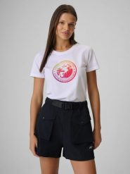 4F T-shirt regular z nadrukiem damski - biały M. Białe t-shirty damskie 4F, m, bez wzorów, z bawełny, klasyczne, bez kołnierzyka, bez ramiączek. Za 59.99 zł.