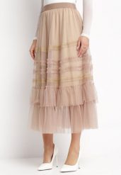 Beżowa Tiulowa Spódnica Maxi z Gumką w Pasie z Falbankami Mathurin. Brązowe spódnice damskie Born2be, na lato, m, bez wzorów, z tiulu, maxi. Za 69.99 zł.