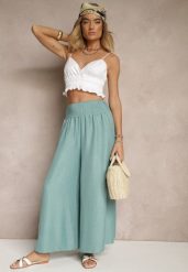Miętowe Szerokie Spodnie High Waist z Elastycznymi Gumkami w Talii Varbia. Zielone spodnie materiałowe damskie Renee, bez wzorów, z jeansu, eleganckie, z podwyższonym stanem. Za 44.99 zł.