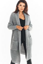 Długi Kardigan z Szalowym Kołnierzem - Szary. Szare kardigany damskie Awama, uniwersalny, bez wzorów, z materiału, bez kołnierzyka. Za 249.90 zł.
