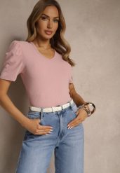 Różowy T-shirt z Trójkątnym Dekoltem Sunille. Czerwone t-shirty damskie Renee, m, bez wzorów, z jeansu, bez kołnierzyka, bez ramiączek. Za 34.99 zł.