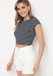 Granatowo-Biały Bawełniany T-shirt Prążkowany o Krótkim Kroju Quedara. Niebieskie t-shirty damskie Born2be, m, bez wzorów, z bawełny, bez kołnierzyka, bez ramiączek. Za 34.99 zł.