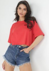 Czerwony Krótki T-shirt z Gładkiej Dzianiny Alinthea. Czerwone t-shirty damskie Born2be, xl, bez wzorów, z dzianiny, bez kołnierzyka, bez ramiączek. Za 29.99 zł.