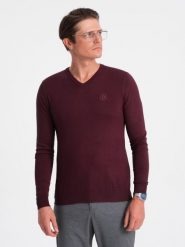Sweter męski elegancki BASIC V-neck z wiskozą – bordowy V13 OM-SWBS-0107 - XXL. Czerwone swetry męskie Ombre Clothing, l, bez wzorów, z wiskozy, eleganckie, bez kołnierzyka, bez ramiączek. W wyprzedaży za 89.99 zł.