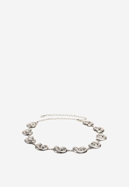 Srebrny Pasek w Stylu Biżuteryjnym z Aplikacjami Muszelkami Navetta. Szare paski damskie Renee, z aplikacjami. Za 34.99 zł.