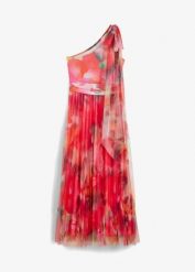 Sukienka one-shoulder z plisowaną częścią spódnicową z tiulu. Czerwone sukienki damskie bonprix, na lato, z aplikacjami, z tiulu, wizytowe, bez kołnierzyka, bez ramiączek. Za 279.99 zł.
