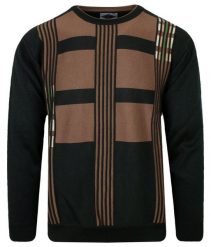 Sweter Brązowo-Czarny, Wzór Geometryczny, Okrągły Dekolt (U-neck) -KINGS- Męski. Brązowe swetry męskie Kings, l, bez wzorów, z bawełny, klasyczne, bez kołnierzyka, bez ramiączek. Za 187.00 zł.