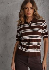 Brązowy T-shirt Polo z Wiskozą w Paski z Guzikami Vevevia. Brązowe koszulki sportowe damskie Renee, m, bez wzorów, z jeansu, bez ramiączek. Za 119.99 zł.