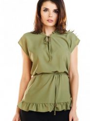 Bluzka Model A269 Khaki - awama. Brązowe bluzki damskie Awama, xxl, bez wzorów, z tkaniny, eleganckie, bez kołnierzyka, bez ramiączek. Za 146.96 zł.