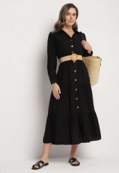 Czarna Sukienka Koszulowa z Wiskozy z Elastycznym Paskiem z Klamrą Felucia. Czarne sukienki damskie Born2be, na co dzień, l, bez wzorów, z wiskozy, eleganckie, bez kołnierzyka, bez ramiączek, maxi, koszulowe. Za 84.99 zł.
