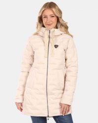 Damski płaszcz zimowy Kilpi BELIZE-W. Brązowe płaszcze damskie Kilpi, na zimę, bez wzorów, z materiału, eleganckie, bez kołnierzyka, z kapturem. Za 628.61 zł.
