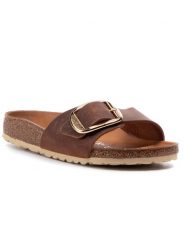 Birkenstock Klapki Madrid Big Buckle 1006525 Brązowy. Brązowe klapki damskie Birkenstock, bez wzorów, z nubiku, bez obcasa, bez zapięcia. Za 599.99 zł.