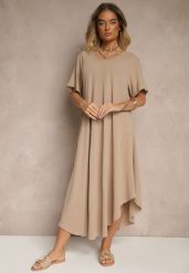 Ciemnobeżowa Sukienka z Bawełną o Rozkloszowanym Kroju Lilzedi. Brązowe sukienki damskie Renee, na co dzień, na lato, xl, bez wzorów, z bawełny, eleganckie, bez kołnierzyka, bez ramiączek, midi, rozkloszowane. Za 54.99 zł.