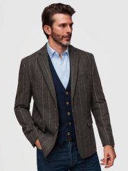 Męska elegancka marynarka w delikatną kratę z domieszką wełny – ciemnobrązowa V3 - Rozmiar: S. Szare marynarki męskie Ombre Clothing, l, z aplikacjami, z jeansu, biznesowe, bez kołnierzyka, bez ramiączek. W wyprzedaży za 293.99 zł.
