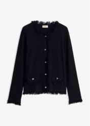 Kardigan z przędzy boucle. Czarne kardigany damskie bonprix, bez wzorów, bez kołnierzyka. Za 179.99 zł.