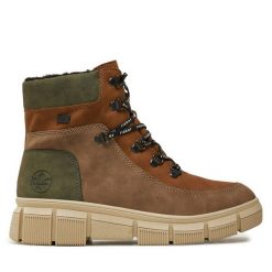 Botki Rieker. Brązowe botki damskie Rieker, bez wzorów, bez obcasa, na płaskiej podeszwie, bez zapięcia. Za 279.99 zł.