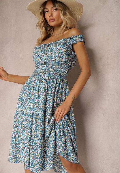 Niebieska Taliowana Sukienka Bawełniana o Rozkloszowanym Kroju z Gumką w Pasie Nelyssa. Niebieskie sukienki damskie Renee, na co dzień, na lato, l, bez wzorów, z bawełny, boho, bez kołnierzyka, bez ramiączek, midi, dopasowane. Za 44.99 zł.