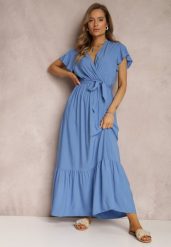 Niebieska Sukienka Metia. Niebieskie sukienki damskie Renee, s, bez wzorów, z materiału, bez kołnierzyka, bez ramiączek, maxi. Za 54.99 zł.