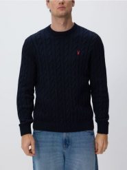 Sweter z warkoczowym splotem - granatowy. Niebieskie swetry męskie Reserved, l, bez wzorów, z bawełny, bez kołnierzyka, bez ramiączek. Za 139.99 zł.