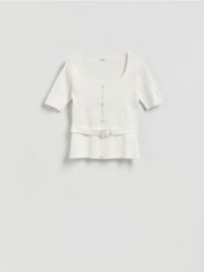 Sweter z paskiem - złamana biel. Swetry nierozpinane damskie Reserved, l, bez wzorów, z dzianiny, bez kołnierzyka, bez ramiączek. Za 119.99 zł.