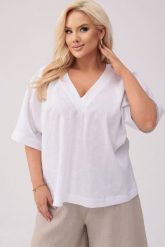 Biała kimonowa lniana bluzka Ines PLUS SIZE OVERSIZE XXL. Białe bluzki damskie Moda Size Plus Iwanek, l, bez wzorów, ze lnu, eleganckie, bez kołnierzyka, plus size, bez ramiączek. W wyprzedaży za 149.90 zł.