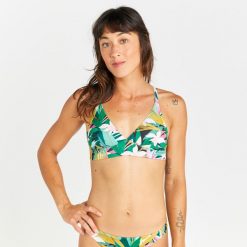 Góra kostiumu kąpielowego surfingowego damska Olaian Bea Tropical. Zielone bikini OLAIAN, bez wzorów. W wyprzedaży za 49.99 zł.