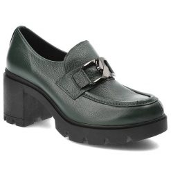 Oliwkowe Półbuty Lemar Damskie Wygodne Obuwie. Zielone półbuty damskie Lemar, bez wzorów, ze skóry, eleganckie, bez obcasa, bez zapięcia. Za 299.00 zł.