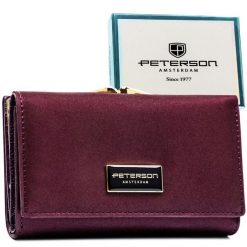 Fioletowy portfel damski wykonany ze skóry naturalnej i ekologicznej zamykany zatrzaskiem i biglem PTN PS108-HNL Peterson. Fioletowe portfele damskie Peterson, ze skóry. Za 129.99 zł.