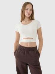 4F T-shirt crop top gładki damski - biały L. Białe t-shirty damskie 4F, l, bez wzorów, z bawełny, sportowe, bez kołnierzyka, bez ramiączek. W wyprzedaży za 39.99 zł.