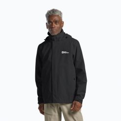 Kurtka przeciwdeszczowa męska Jack Wolfskin Trailtime 2L. Czarne kurtki męskie Jack Wolfskin, l, bez wzorów, z materiału, biznesowe, bez kaptura. Za 449.99 zł.