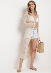 Beżowy Kardigan Narzutka o Ażurowym Wykończeniu w Stylu Boho Sanalia. Brązowe kardigany damskie Born2be, uniwersalny, z aplikacjami, z jeansu, boho, bez kołnierzyka. Za 139.99 zł.