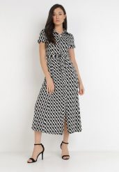 Czarno-Biała Sukienka Alethanthei. Czarne sukienki damskie Born2be, na co dzień, l, bez wzorów, z materiału, eleganckie, bez kołnierzyka, bez ramiączek, midi, szmizjerki. Za 159.99 zł.
