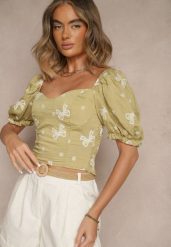 Zielona Bluzka w Hafty-Kokardki z Bufkami w Ramionach Efravina. Zielone bluzki damskie Renee, l, z aplikacjami, z jeansu, eleganckie, bez kołnierzyka, bez ramiączek. Za 59.99 zł.