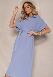 Granatowa Wiskozowa Sukienka Koszulowa z Wiązanym Paskiem w Talii Vanisti. Niebieskie sukienki damskie Renee, na co dzień, l, bez wzorów, z wiskozy, eleganckie, bez kołnierzyka, bez ramiączek, midi, dopasowane. Za 54.99 zł.