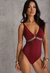 Bordowy Strój Kąpielowy z Paskiem w Geometryczny Print i Wycięciem Helania. Czerwone stroje kąpielowe damskie Renee, plus size, bez wzorów. Za 99.99 zł.